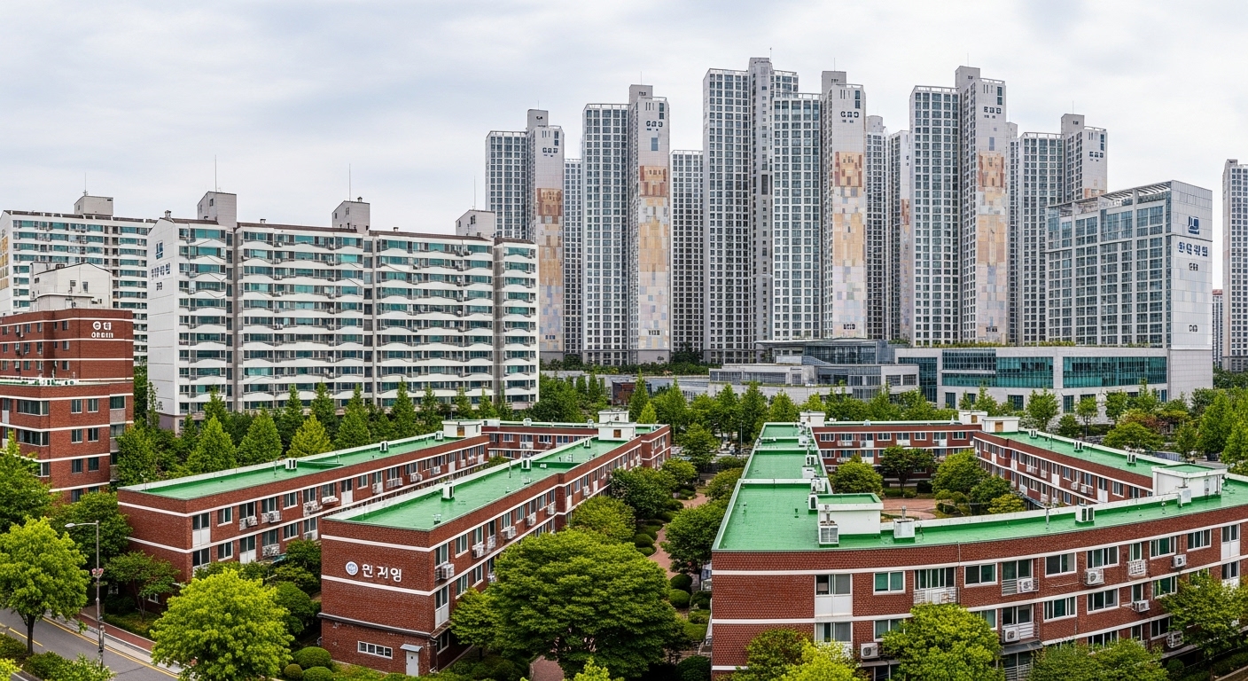 다양한 크기와 디자인의 한국 아파트 단지들