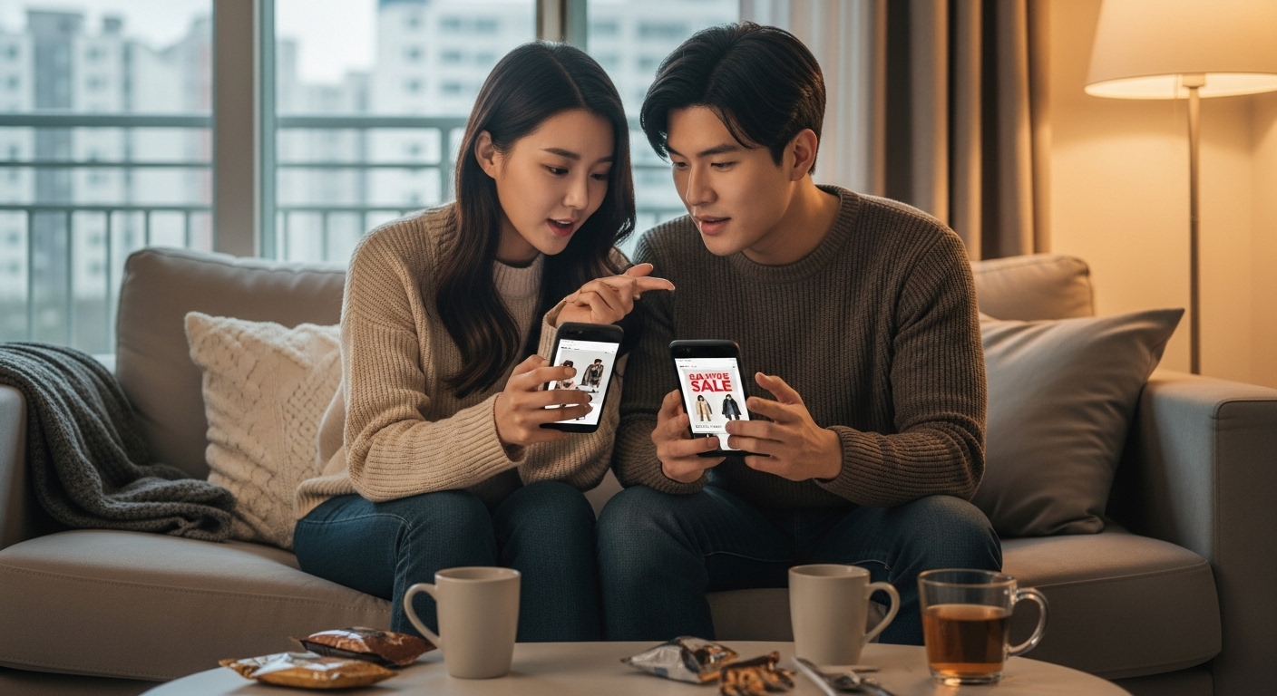 집에서 휴대폰으로 자라 할인 전략을 짜고 있는 젊은 커플