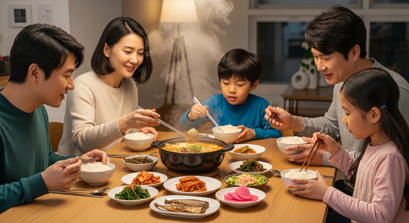 한국 가정에서 해물순두부찌개를 식탁에 두고 가족들이 함께 식사하는 장면