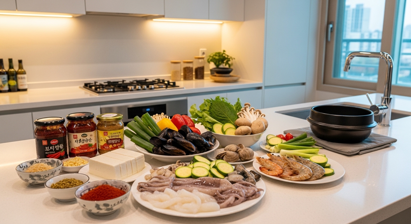 현대적인 주방에서 해물순두부찌개의 재료가 가지런히 놓여 있는 모습