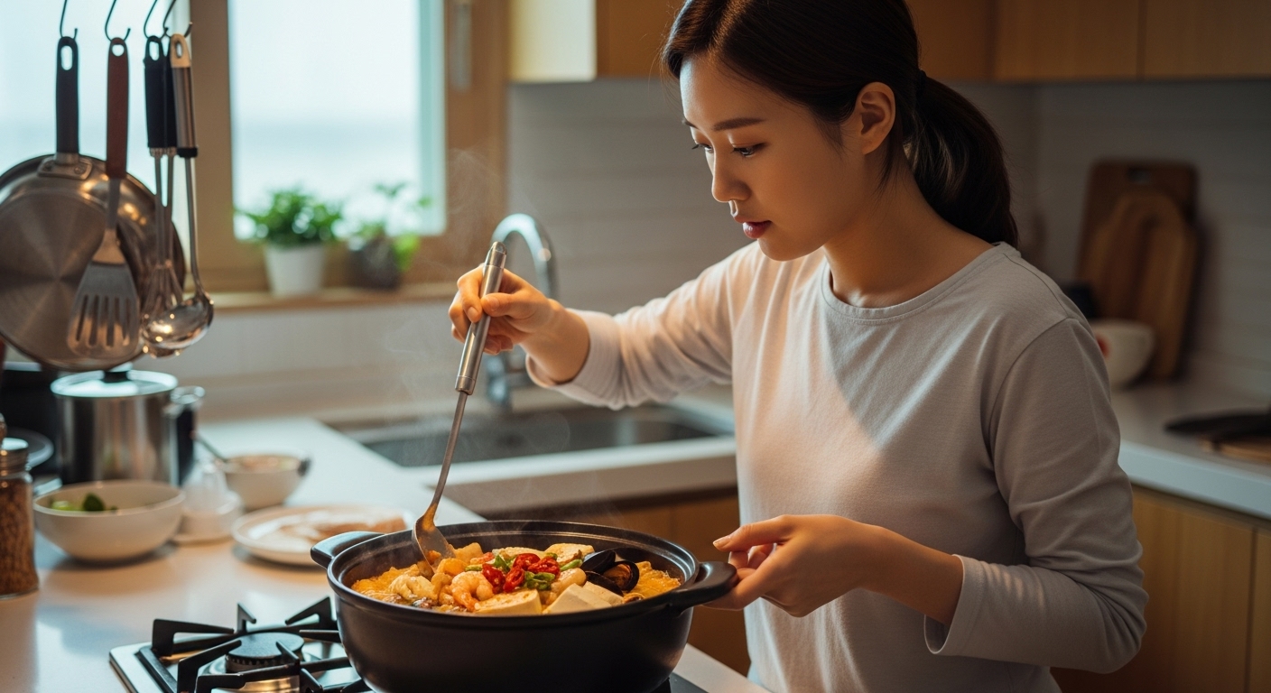 열에 강한 냄비를 사용하여 요리를 하는 젊은 여성의 모습