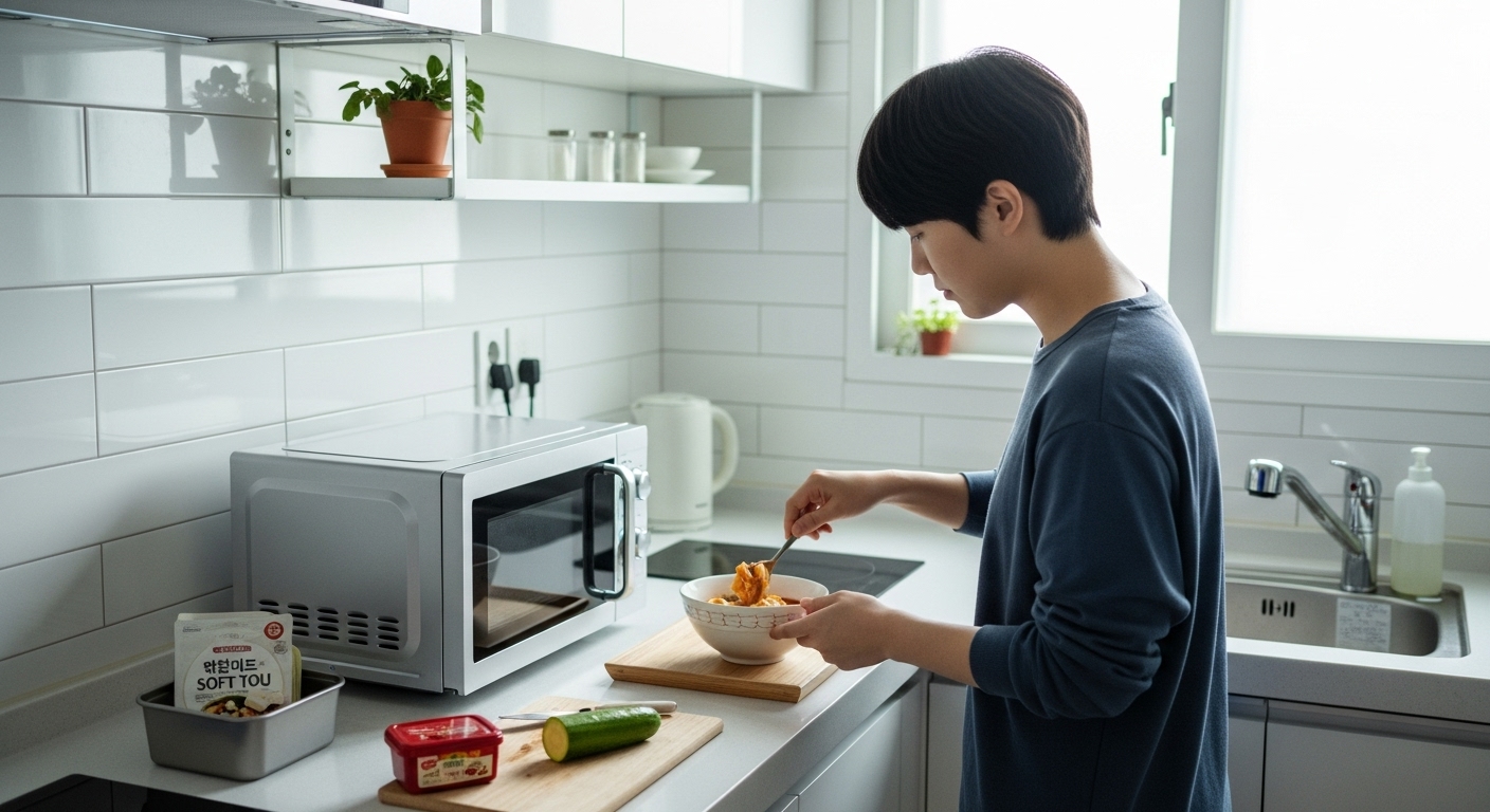 작은 원룸 주방에서 전자레인지를 이용해 혼자 먹을 양의 해물순두부찌개를 만드는 자취생