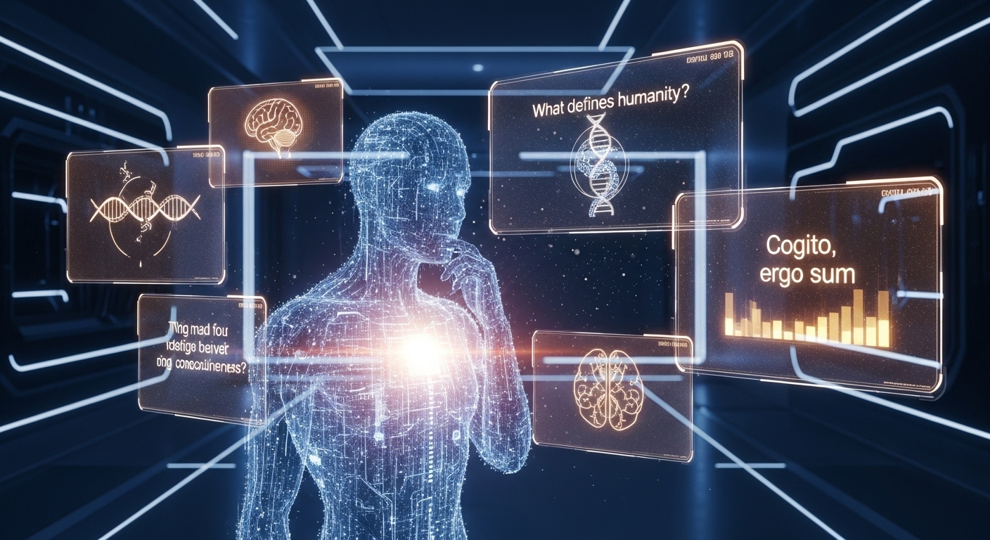 인간 본질에 대한 질문과 첨단 AI 기술이 조화를 이루는 미래 설정