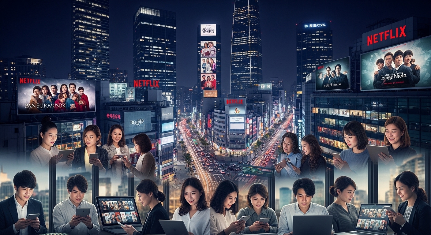 밤의 도시 스카이라인과 넷플릭스 광고판이 보이는 거리
