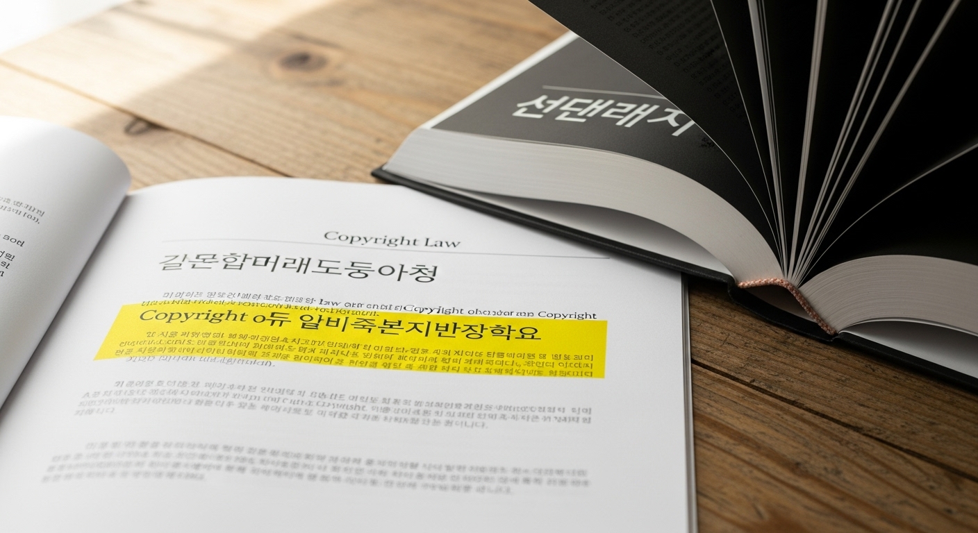 저작권 관련 법률 문서와 함께 놓여 있는 '잠룡전설' 책