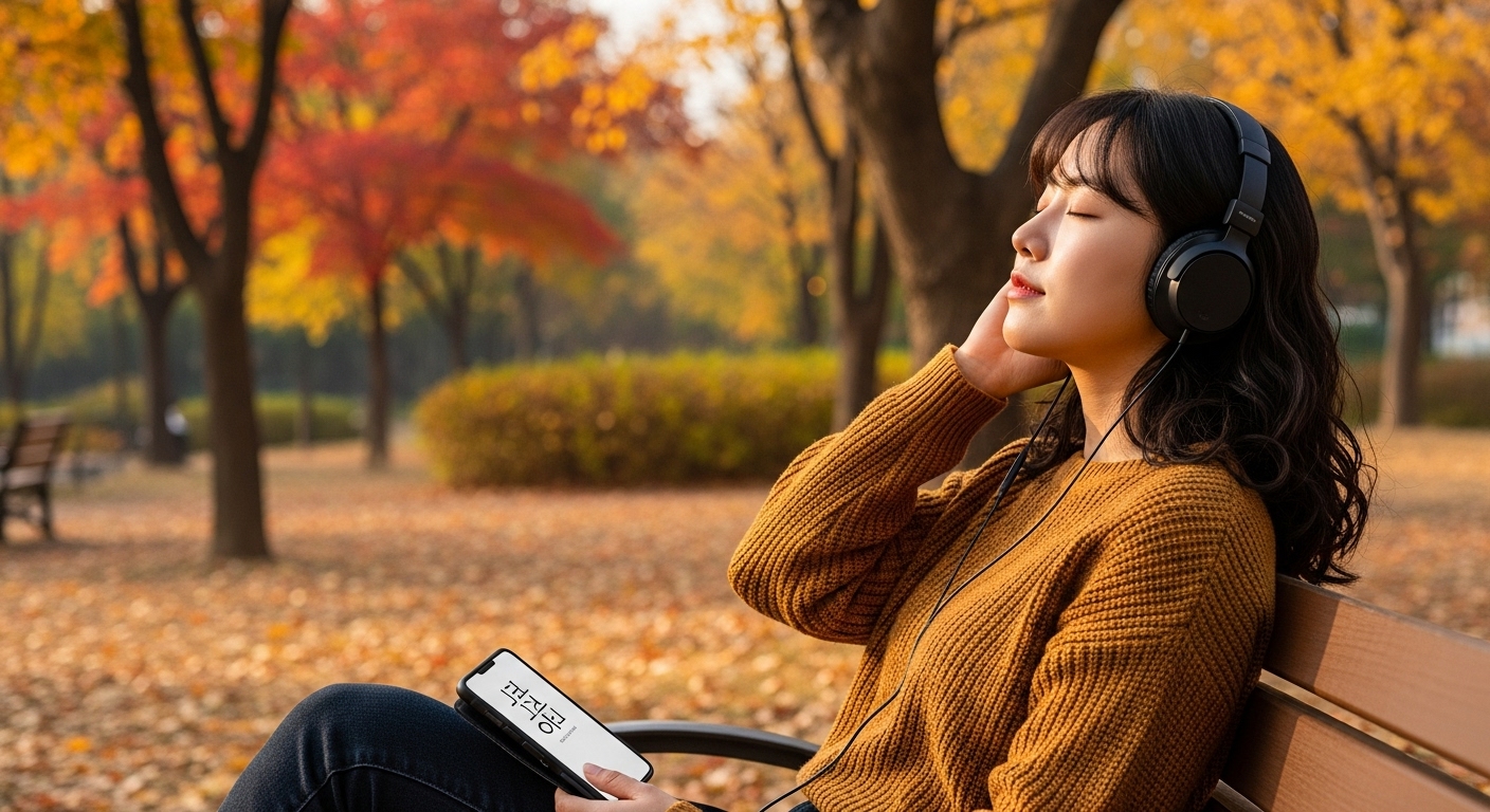 가을 공원에서 오디오북 '잠룡전설'을 듣는 여성