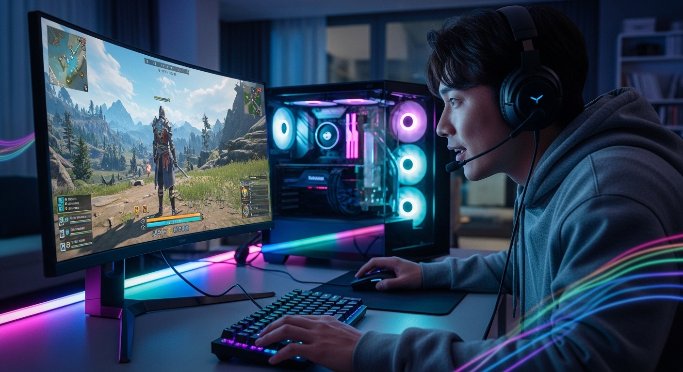 현대적인 아파트에서 고사양 게임 PC로 새로운 RPG 게임을 집중해서 플레이하는 젊은 게이머