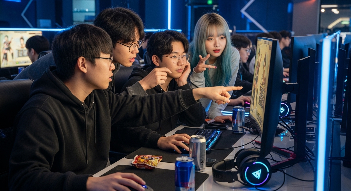 세련된 PC방에서 RPG 게임 캐릭터 선택 전략을 논의하는 현대적 게이머들