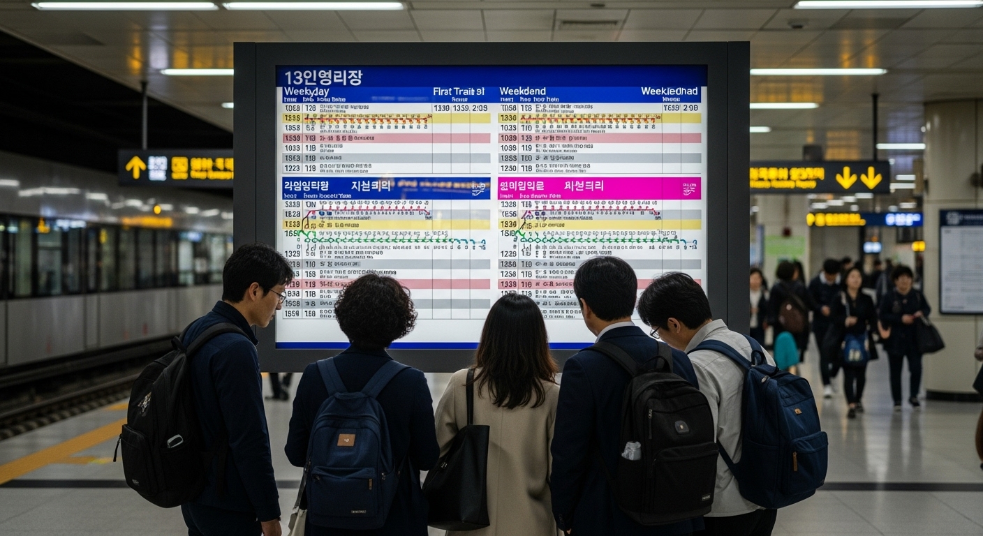 한국 지하철역에서 평일과 주말의 첫차와 막차 시간표를 보는 승객들