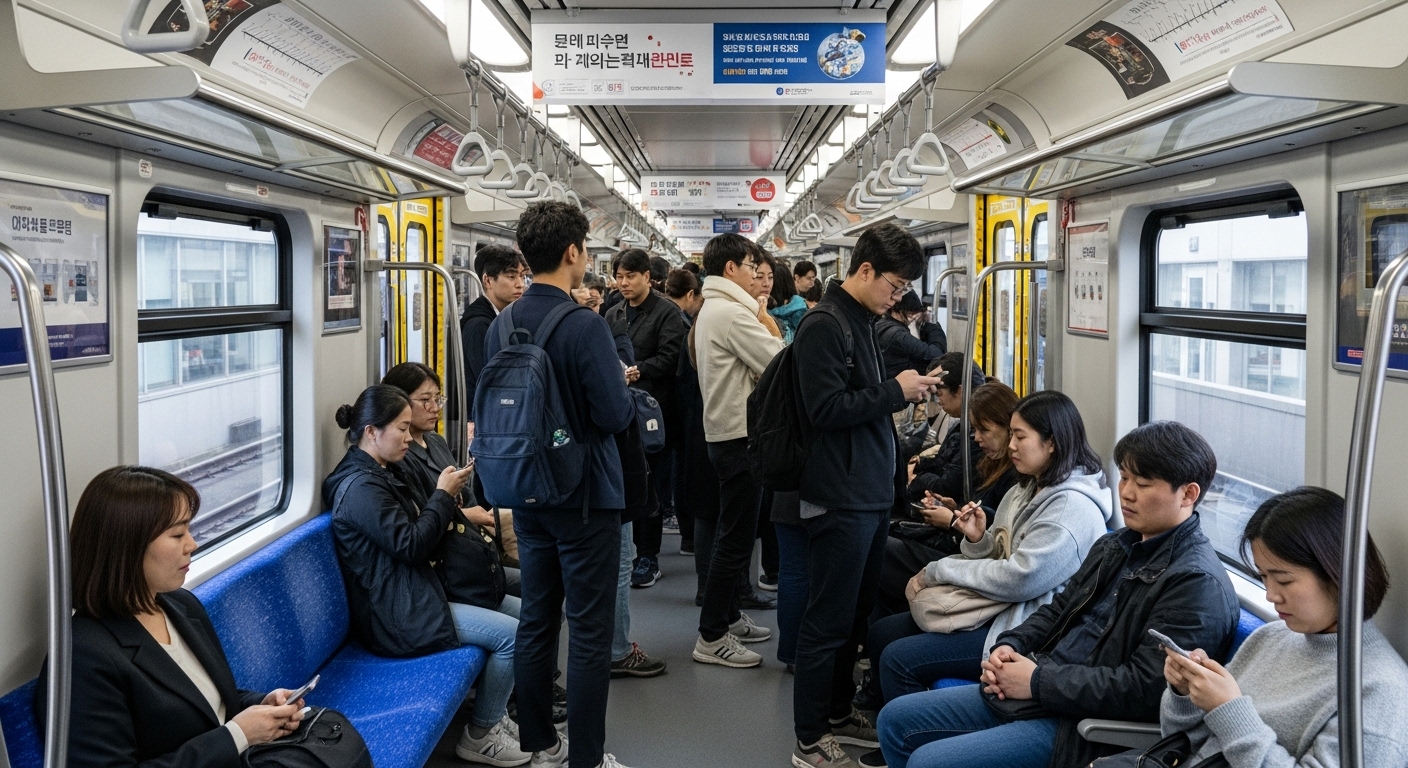 서울 방향으로 가는 붐비는 한국 지하철 내부 모습