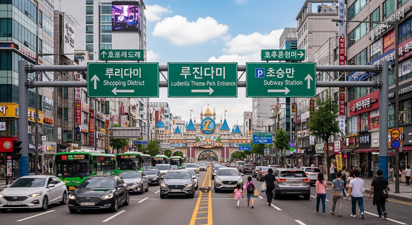 차량과 버스가 오가는 루덴시아 테마파크 입구로 이어지는 바쁜 도로 모습