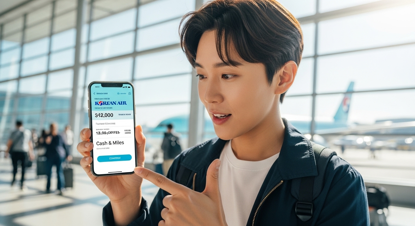 스마트폰으로 '캐시 앤 마일즈' 프로그램을 활용하여 대한항공 할인 항공권을 확인하는 여행자