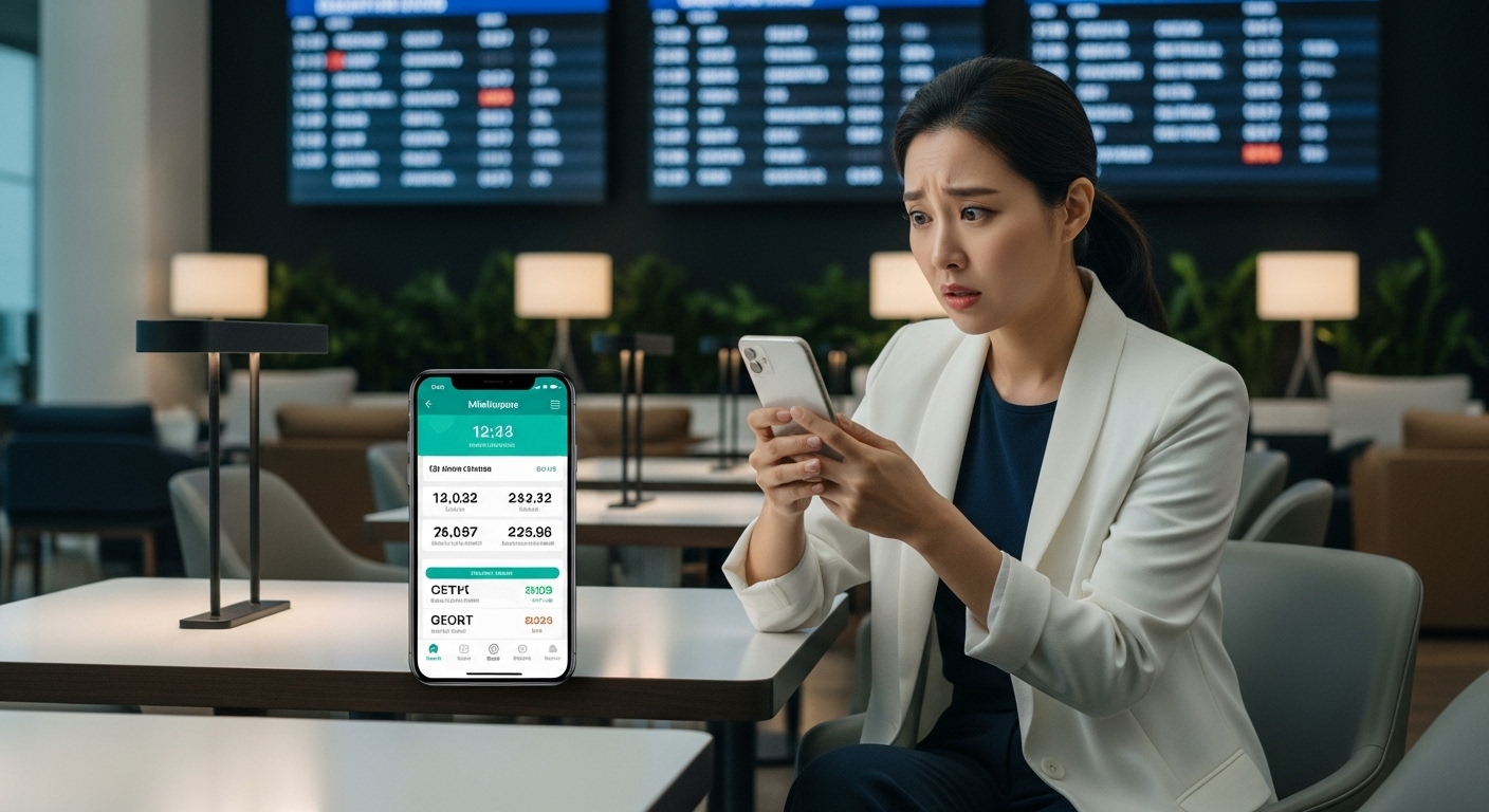 공항 라운지에서 스마트폰으로 마일리지 정보를 확인하며 걱정하는 여행객