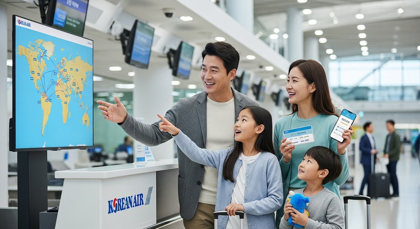 공항 카운터에서 가족과 함께 즐겁게 여행 계획을 세우는 모습
