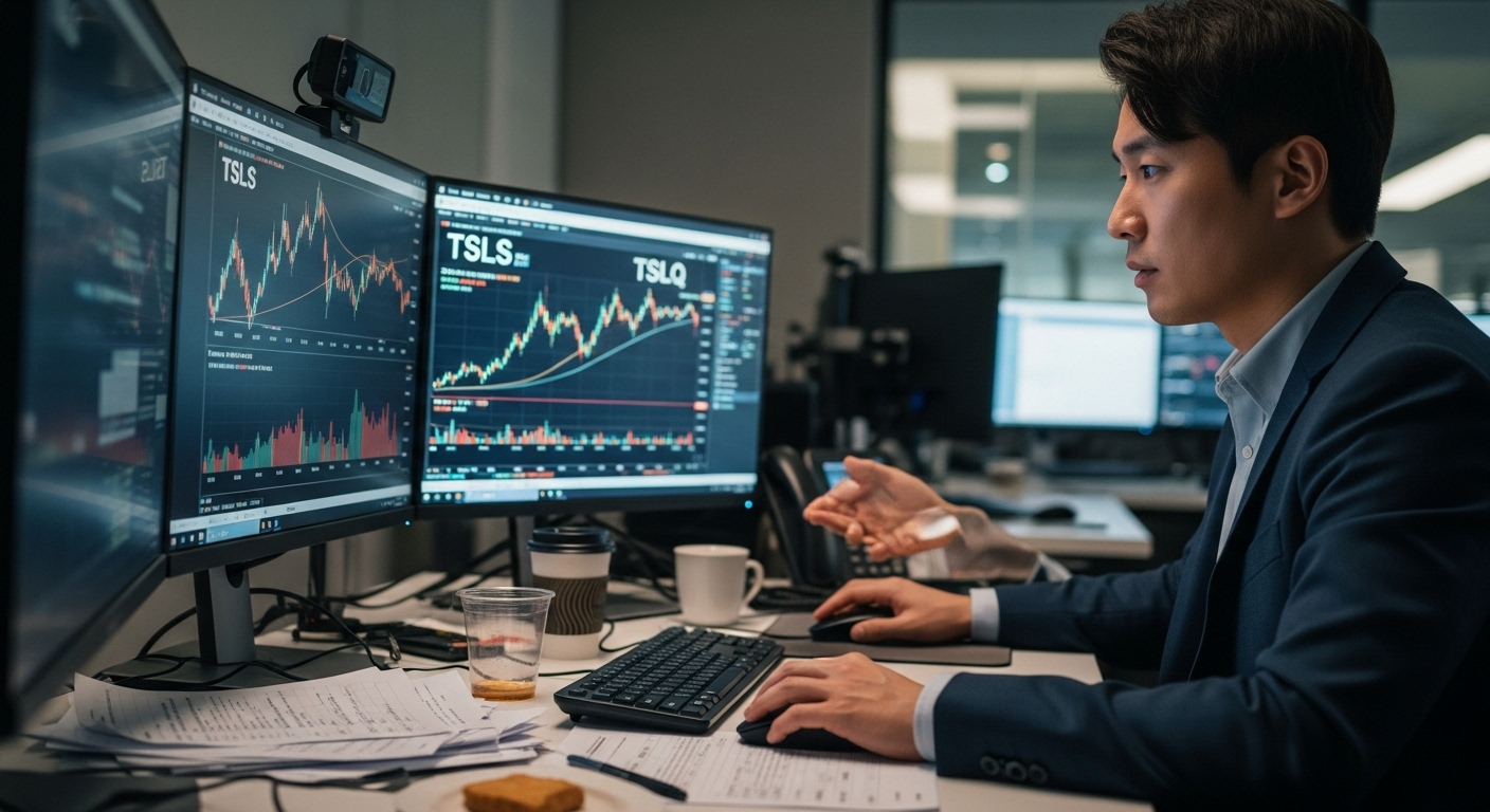 여러 모니터에 TSLS와 TSLQ 그래프가 표시된 채 인버스 ETF 성과를 분석하는 트레이더