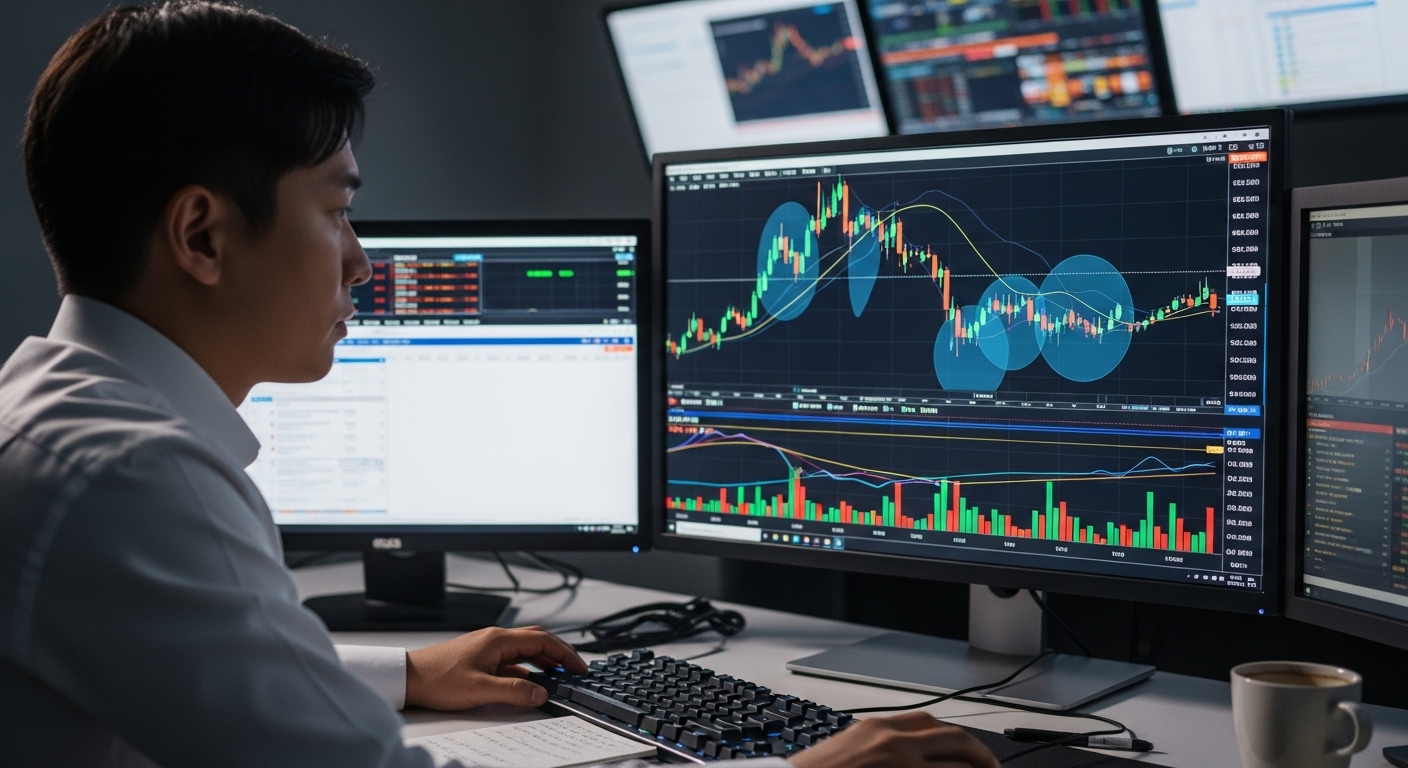 볼린저 밴드와 MACD 지표로 구성된 기술적 분석 화면을 집중적으로 보는 애널리스트