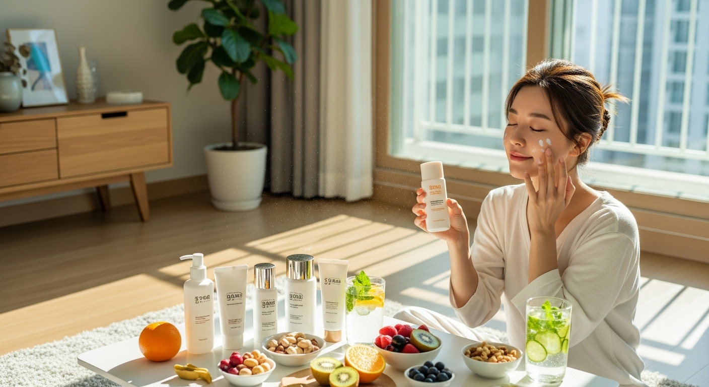 일상적인 스킨케어 세팅과 함께 자외선 차단제 및 비타민이 풍부한 음식이 있는 현대적 한국 가정의 생활 장면