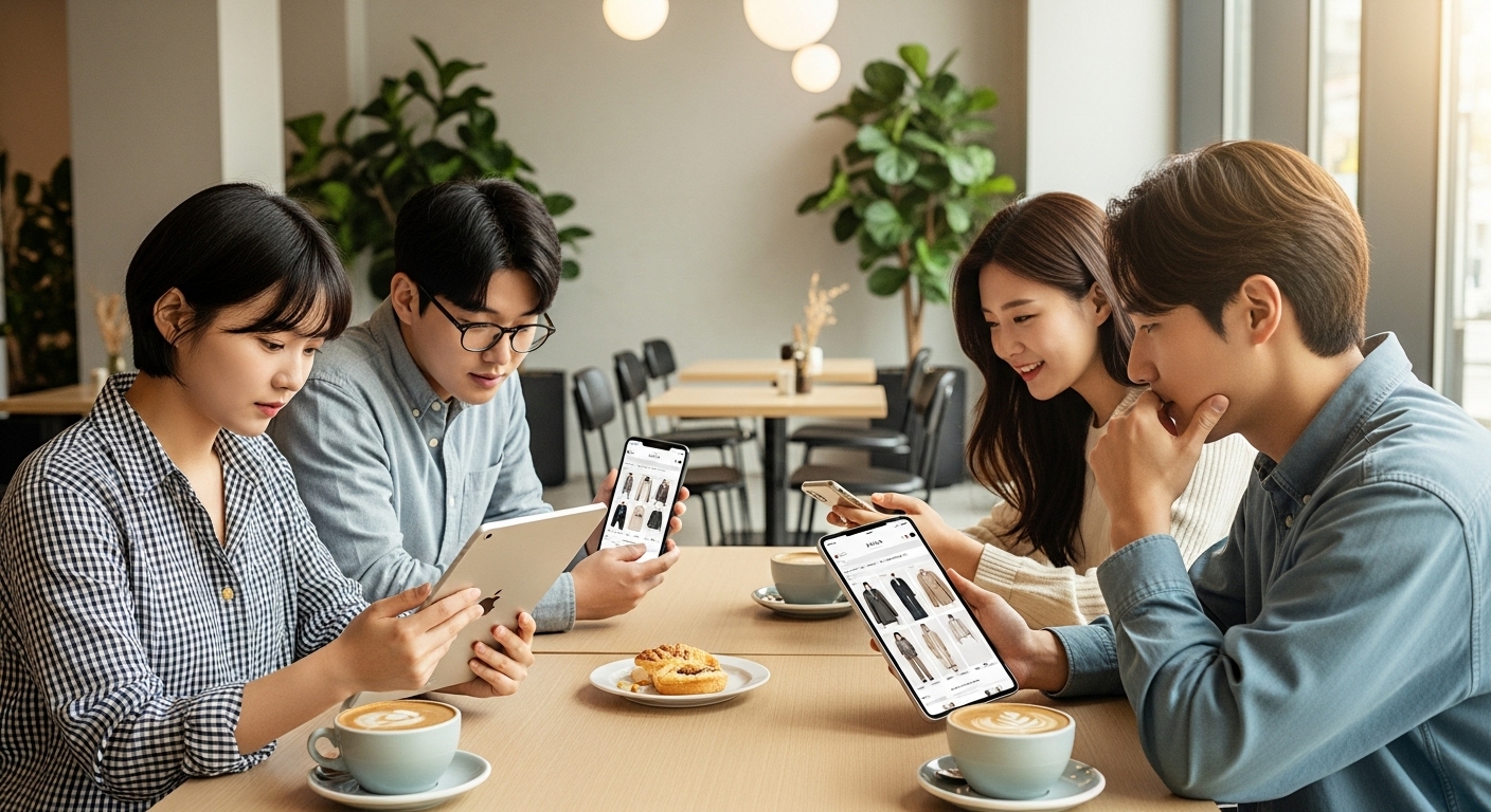 현대적인 카페에서 태블릿과 휴대폰으로 자라 앱을 사용하는 젊은이들