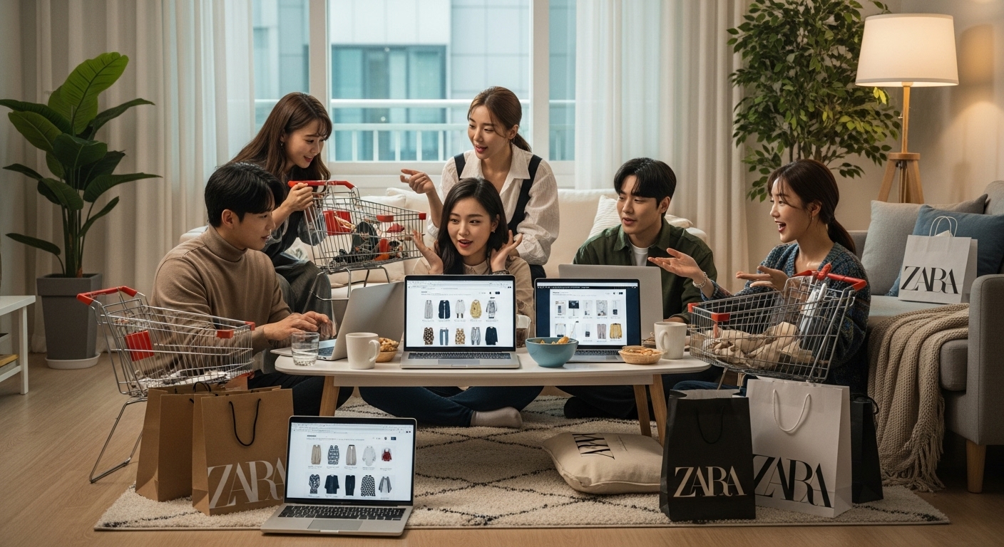 집에서 노트북으로 글로벌 온라인 자라 세일에 참여하는 모습