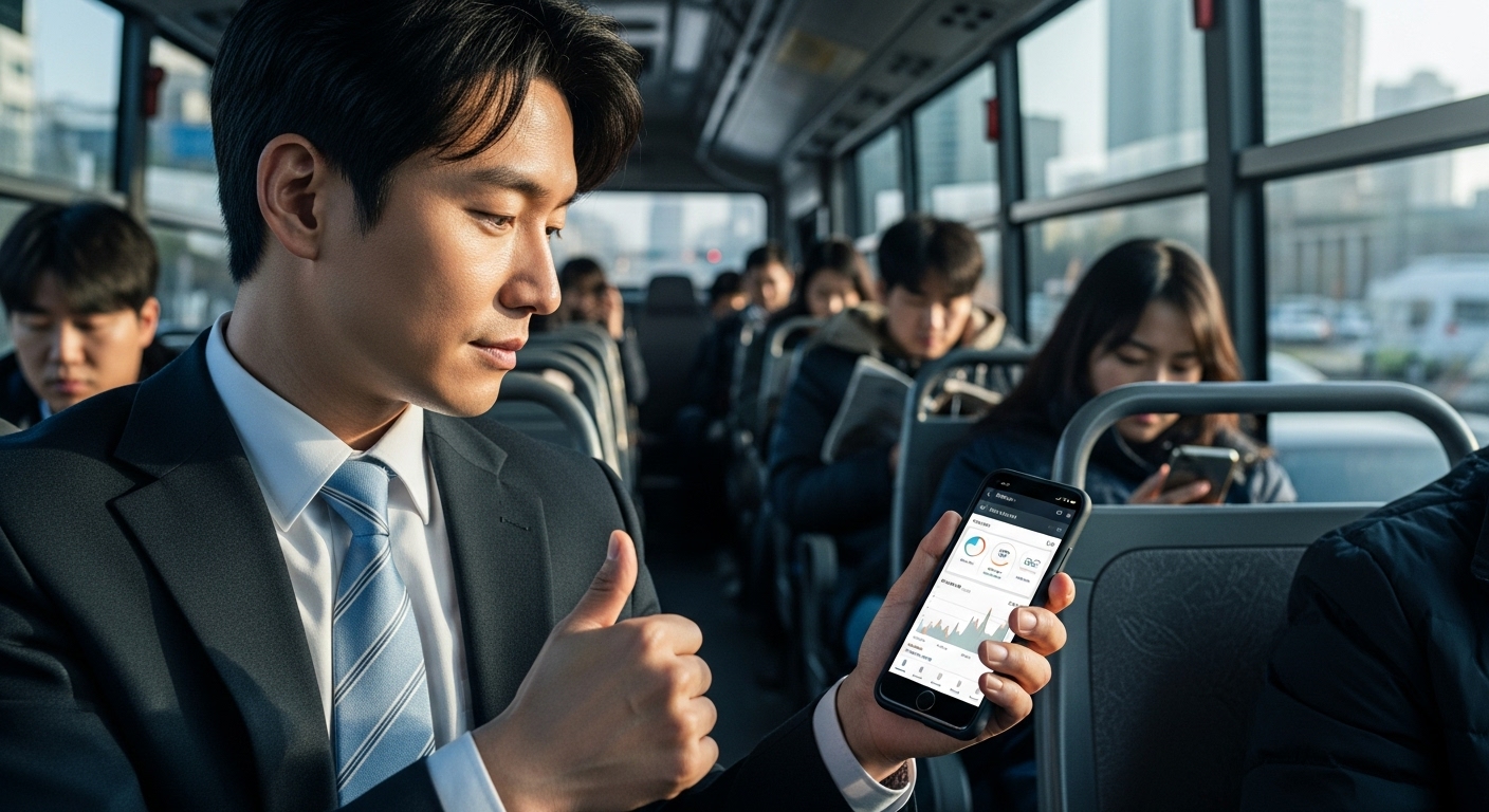 출근길 버스에서 짧게 스마트폰 금융 앱을 사용하여 미션을 완료하는 한국 직장인의 모습