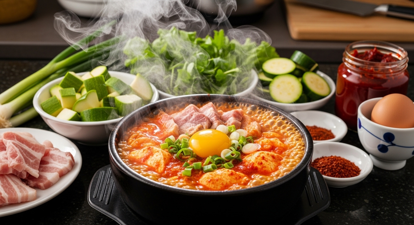 부엌에서 김이 모락모락 나는 얼큰한 순두부찌개와 신선한 재료들