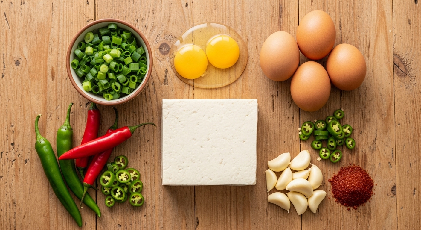 부엌 테이블에 깔끔하게 정리된 순두부찌개의 필수 재료들