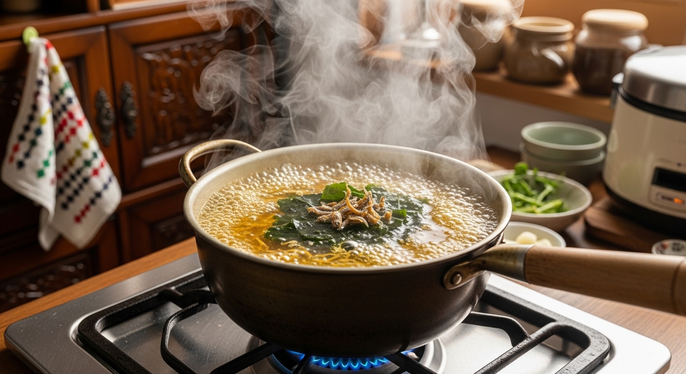 한국식 주방에서 멸치와 다시마로 끓여낸 황금빛 육수가 증기를 내며 끓고 있는 모습