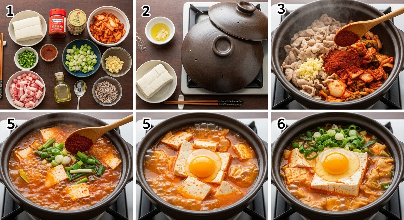 뚝배기에 고춧가루와 두부를 넣고 저으며 순두부찌개를 요리하는 과정