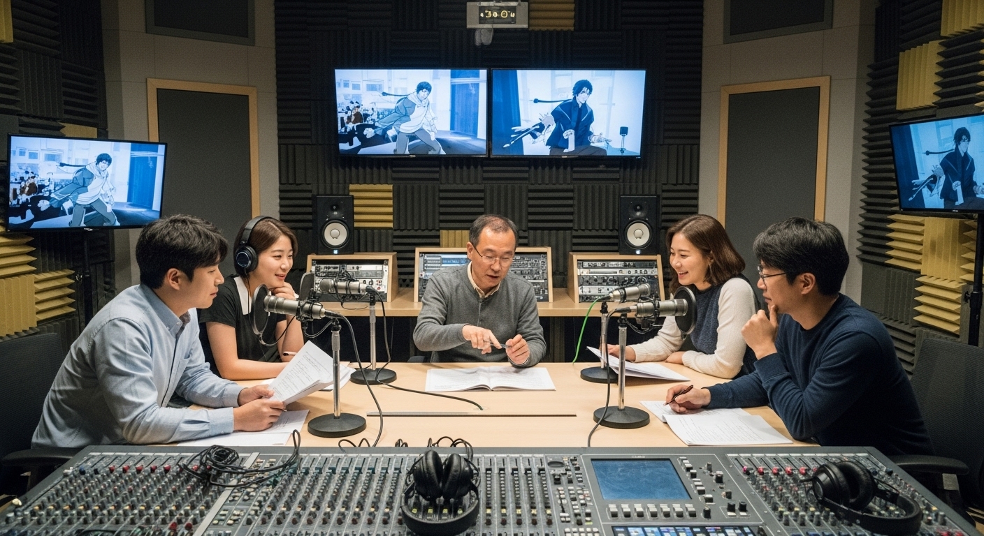 음향 장비와 애니메이션 장면이 보이는 스튜디오에서 감독과 논의 중인 한국 성우들