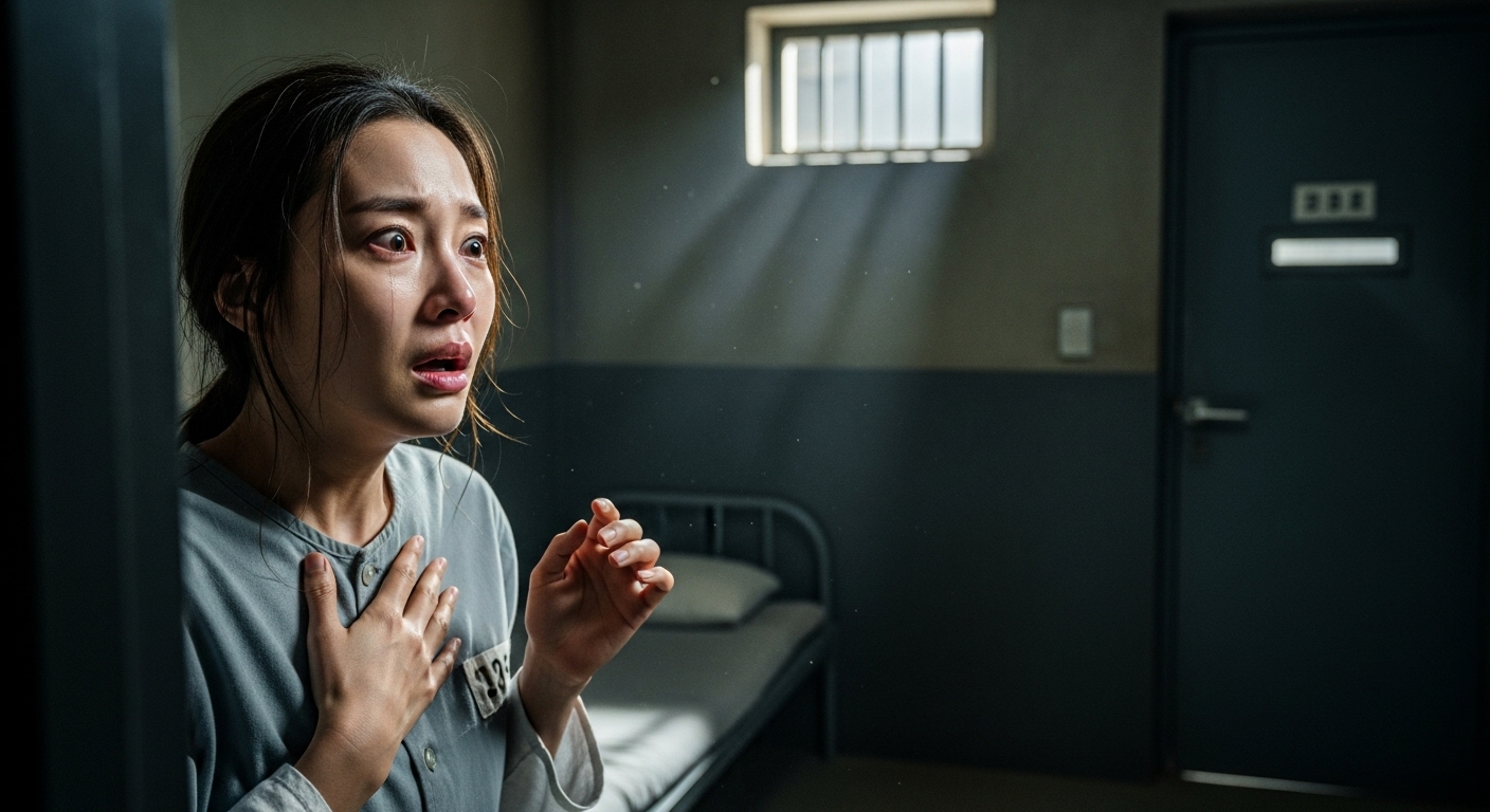감정적으로 놀란 표정을 짓고 있는 한국 여배우가 교도소 안에서 드라마틱한 반전 순간을 맞이하는 모습