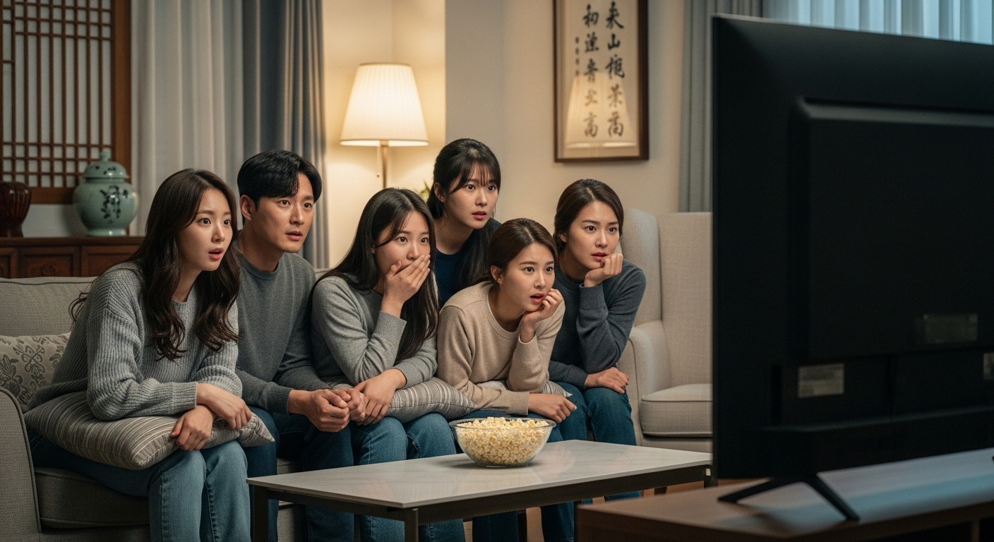 집에서 TV 드라마를 집중해서 보고 있는 한국 관객들이 놀라고 궁금해하는 표정을 짓고 있는 모습
