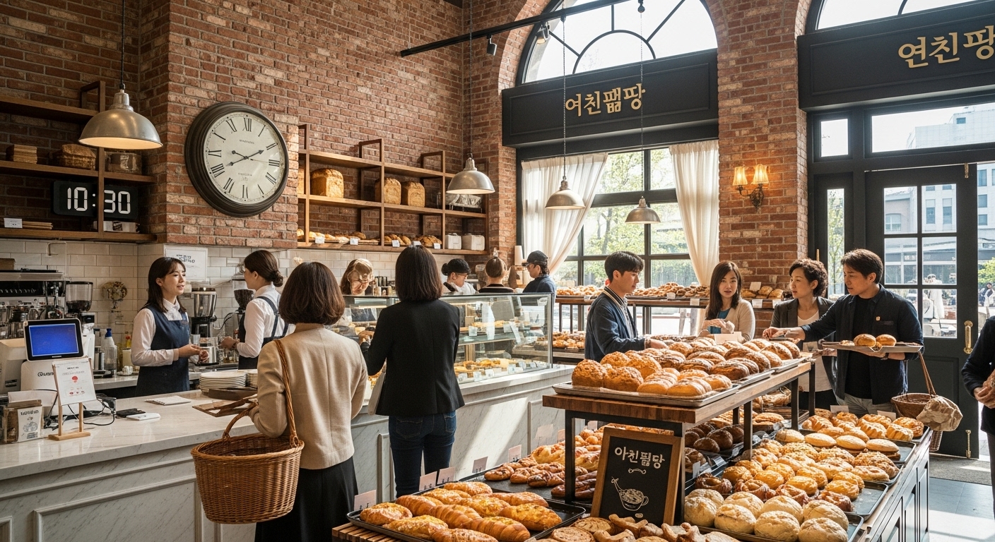 대전의 대표적인 오래된 베이커리에서 사람들이 다양한 빵을 고르는 모습