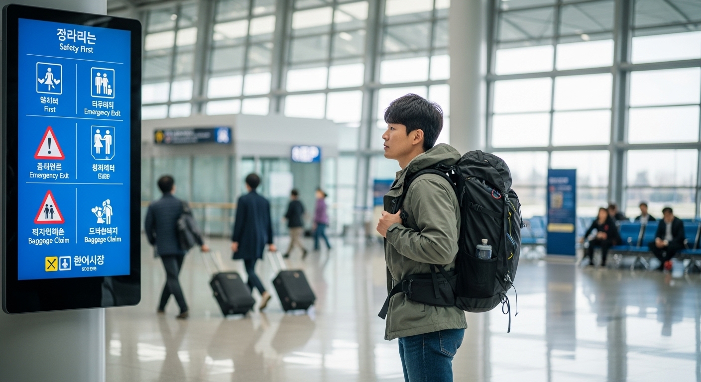 현대적인 여행자가 공항 터미널에서 안전 정보를 확인하는 모습