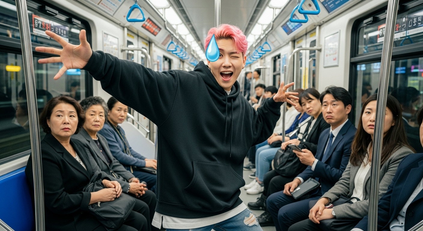 대중교통에서 애니메이션 캐릭터처럼 행동하는 젊은 성인과 당황스러운 승객들