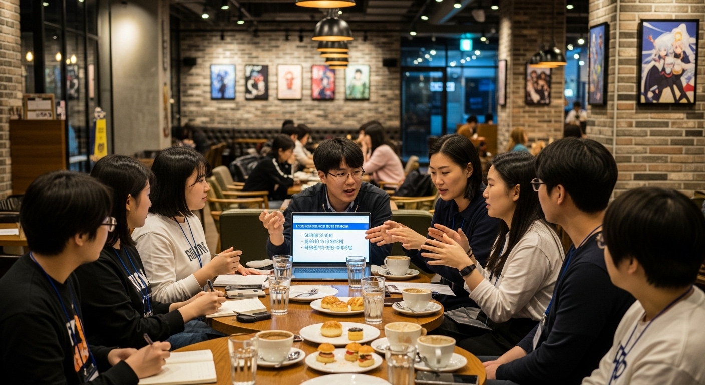 현대적인 카페에서 한국 오타쿠들이 긍정적인 문화 표현과 자기 규제 전략에 대해 논의하는 모습