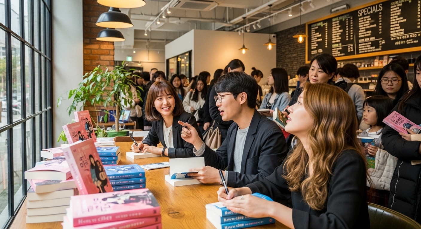 카페에서 열린 젊은 작가들의 사인회 모습과 독자들과의 활발한 소통