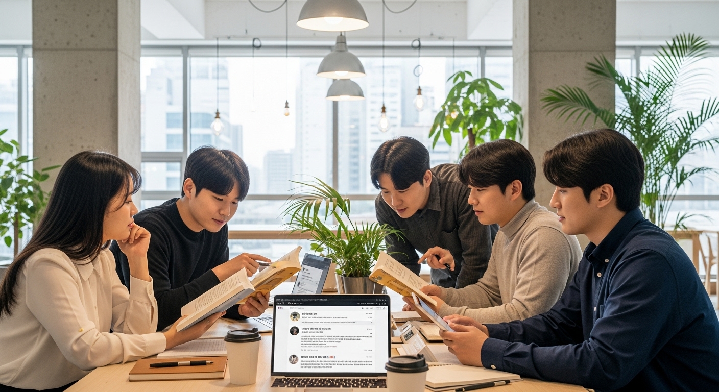 현대적인 공유 오피스 공간에서 소설을 읽고 토론하는 젊은 세대