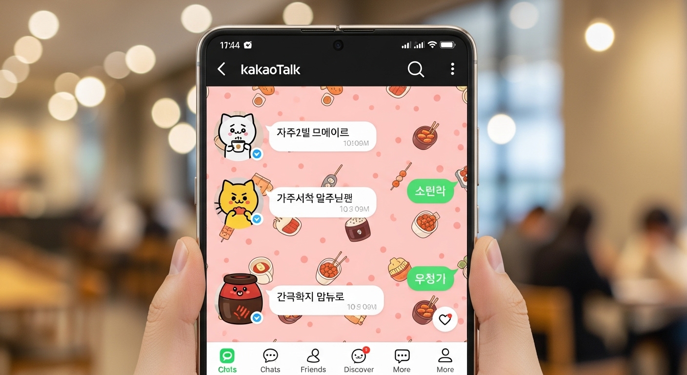 귀여운 캐릭터로 꾸며진 카카오톡 화면이 스마트폰에 나타난 모습