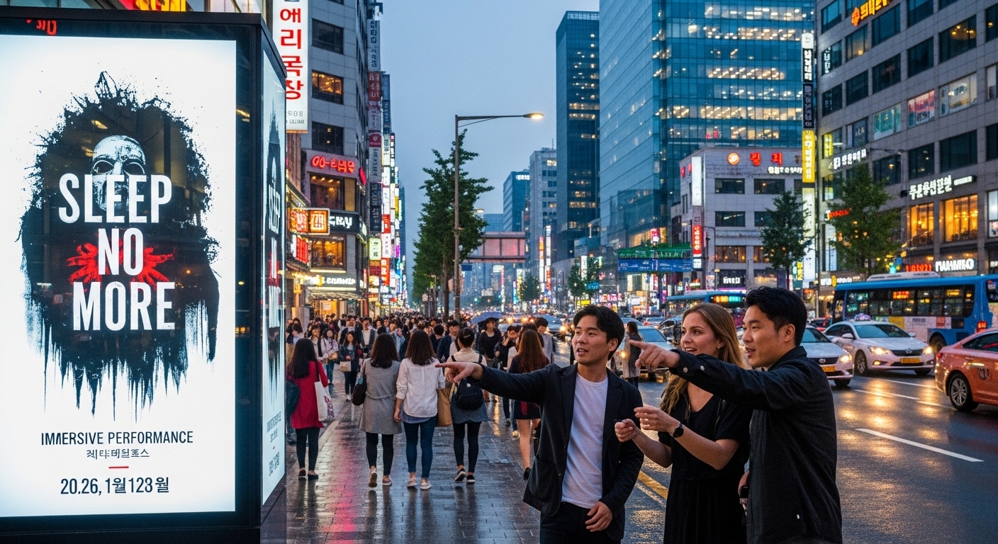 서울 거리에서 '슬립노모어' 광고판을 보고 열띤 대화를 나누는 사람들