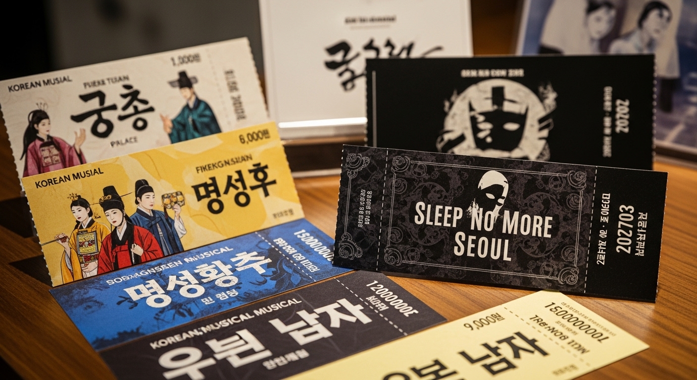 다양한 뮤지컬 티켓 사이에 놓인 '슬립노모어 서울' 티켓