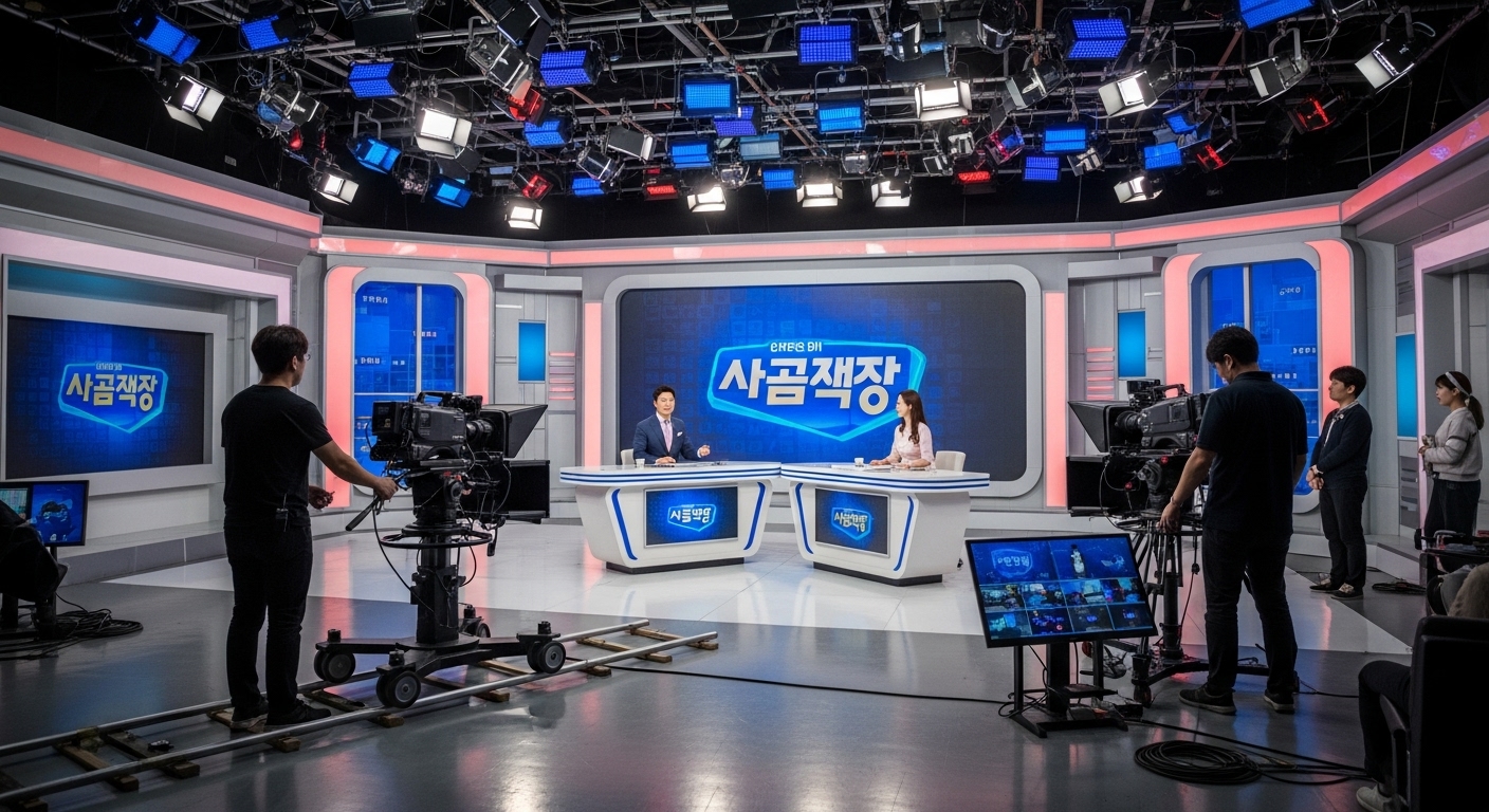 현대적인 한국 TV 스튜디오 세트와 진행자, 카메라 크루가 있는 모습