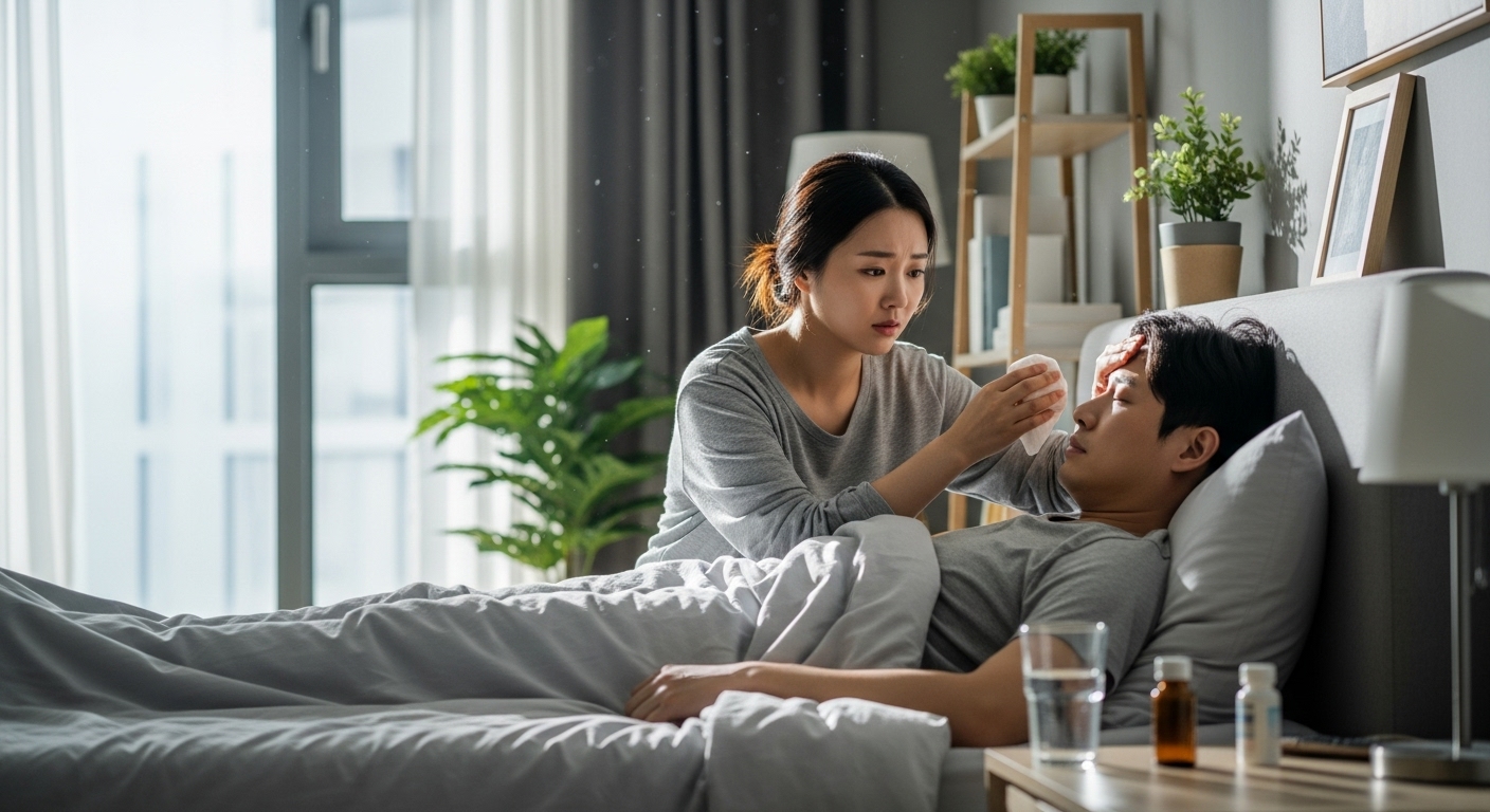 현대식 아파트에서 병든 남편을 돌보는 여성의 모습