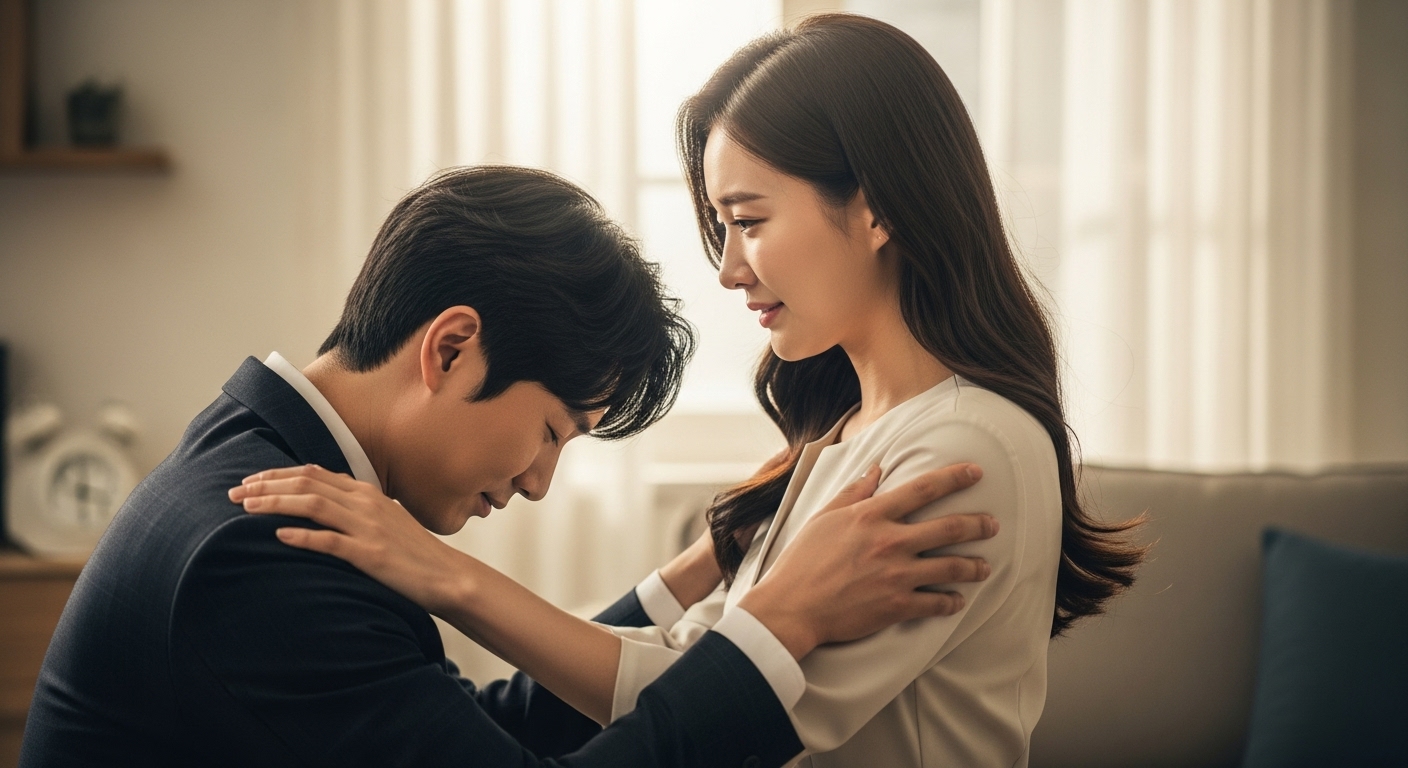 감정적으로 화해하는 한국 부부의 순간