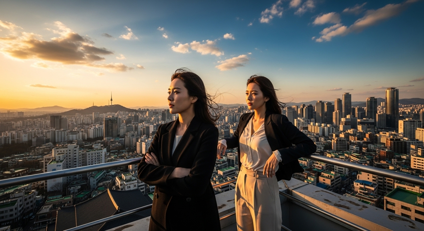 서울 도시 전경이 내려다보이는 옥상에서 해질녘을 배경으로 서 있는 두 여성
