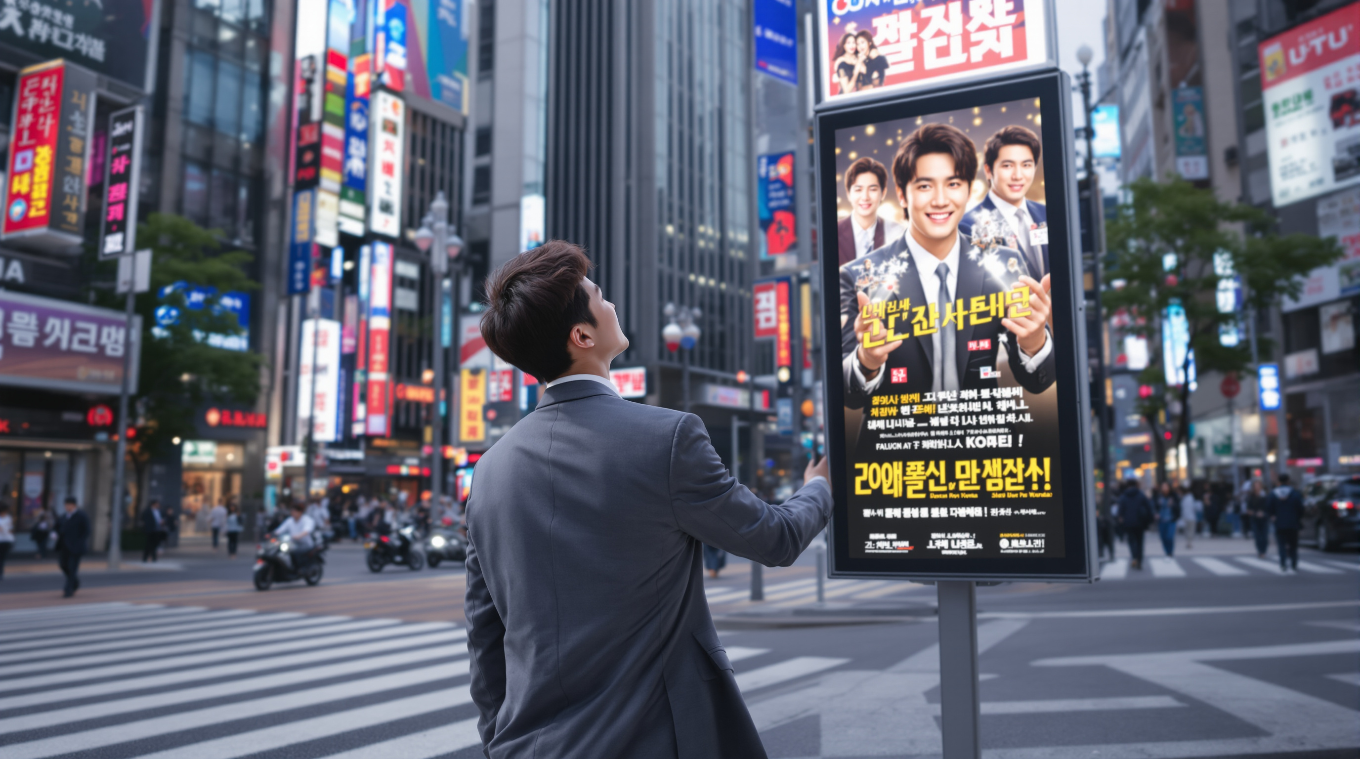 서울 거리에서 새 드라마 광고를 바라보는 현대적인 한국 배우의 모습