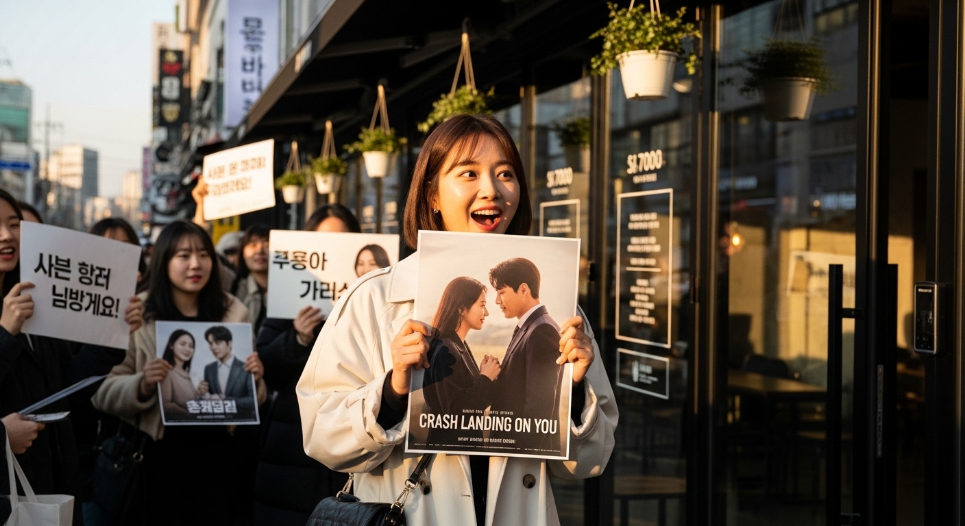 카페 밖에서 인기 드라마 포스터를 들고 있는 한국 팬들의 모습