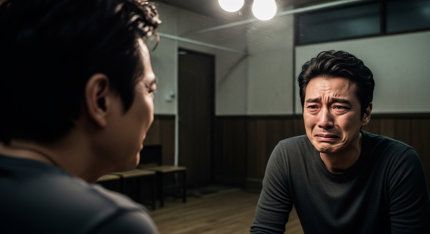 거울 앞에서 감정 표현을 연습하는 진지한 한국 배우의 클로즈업