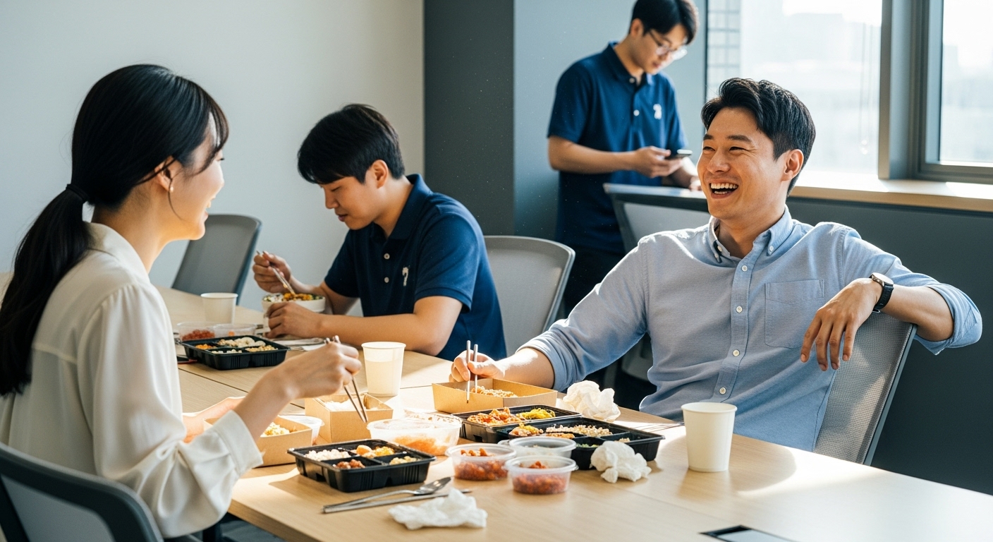 점심시간에 동료들과 자연스럽게 어울리는 사무실 환경 속 직장인의 모습