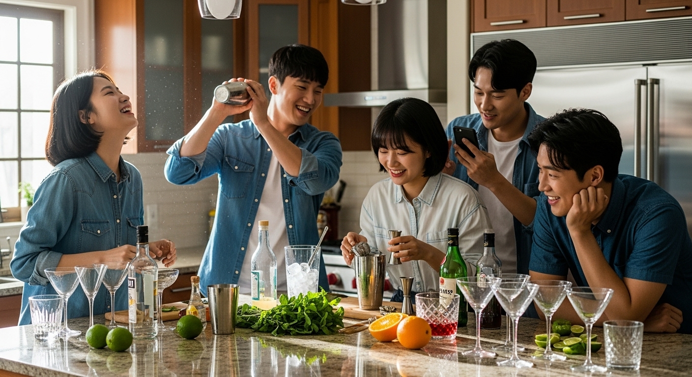 젊은 친구들이 함께 집 주방에서 칵테일을 만드는 장면