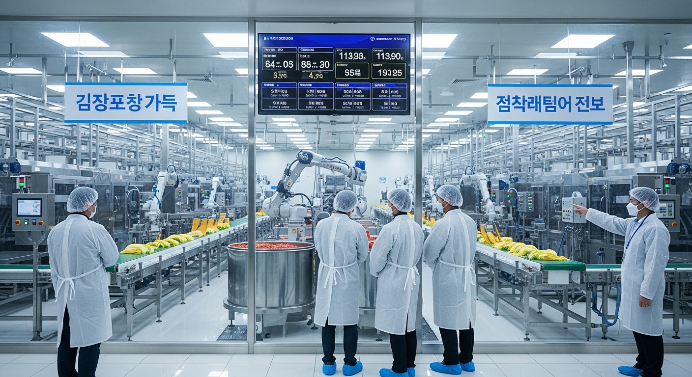 현대적인 한국 김치공장에서 보호 장비를 착용한 방문객들이 생산 라인을 관찰하는 모습